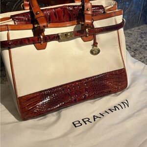 Brahmin Cream and Brown Satchel with Crocodile Embossed Leather